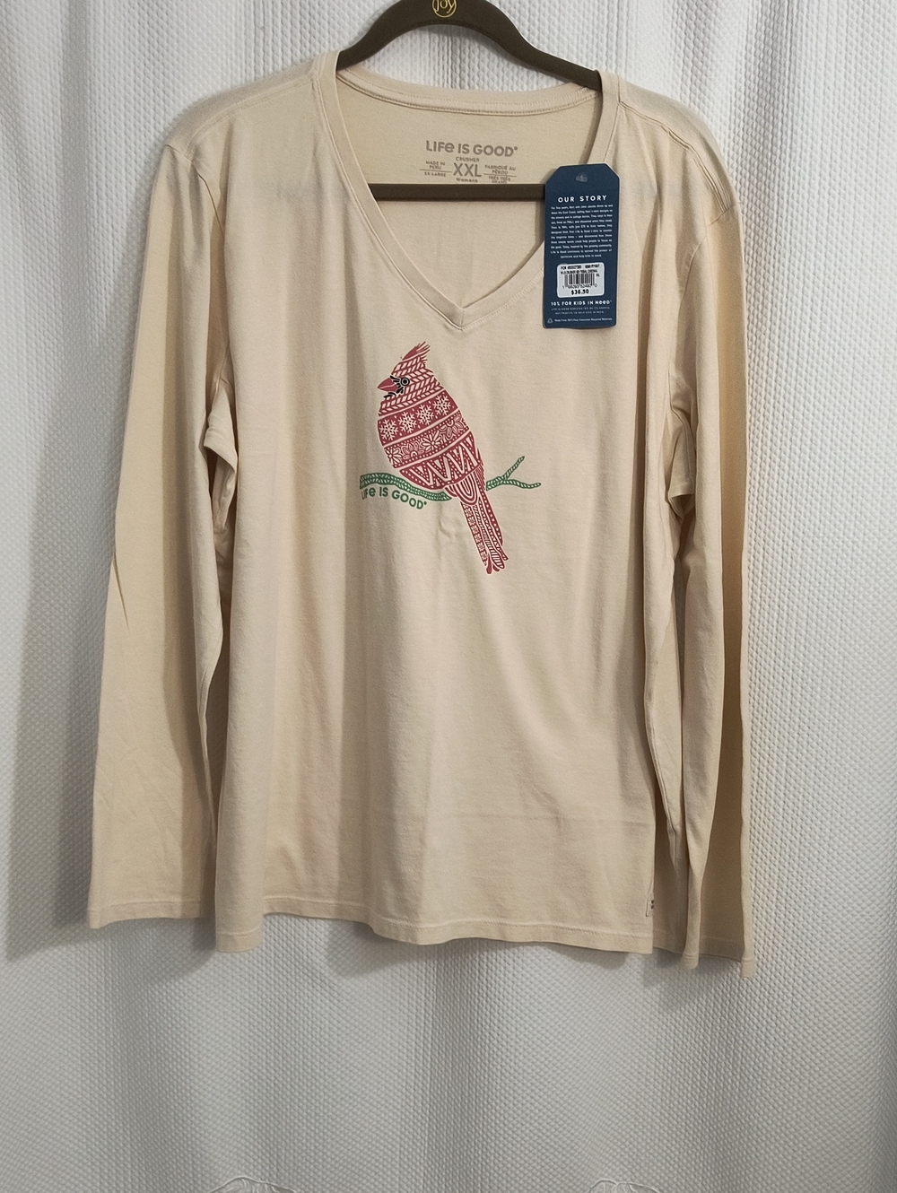 Life is Good XXL V-Neck Long Sleeve Tee with Red Cardinal Woman's NWT